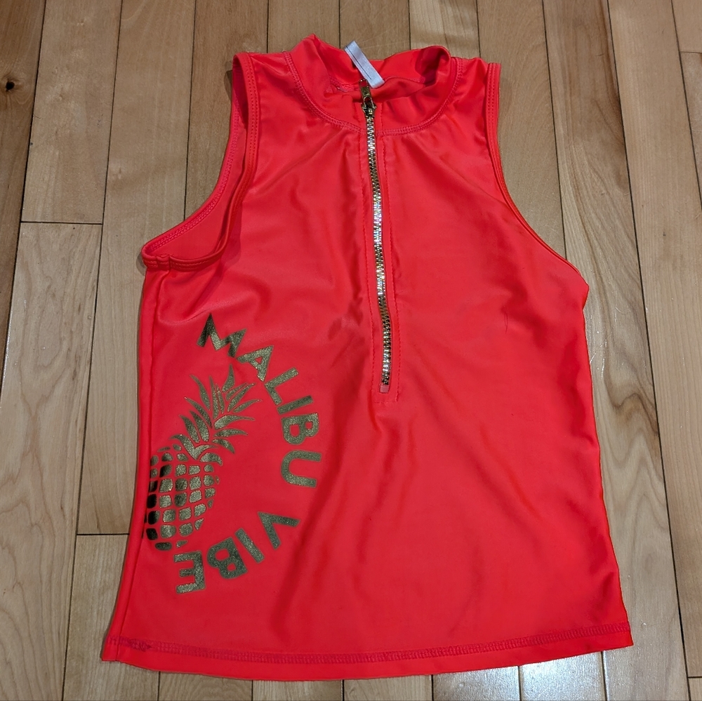 Red Sleeveless Swim Top with Malibu Print